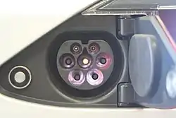 Type 2-compatible 120 kW male vehicle inlet on European Tesla Model S