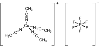 Structural formulas of the tetrakis(acetonitrile)copper(I) cation and the hexafluorophosphate anion
