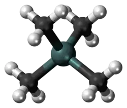 Ball-and-stick model of the tetramethyltin molecule