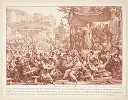 The Rape of the Sabine Women (c. 1780) stipple engraving by Thérèse Éléonore Lingée, after Charles-Nicolas Cochin (1715–1790)