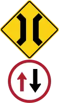 Narrow bridge - give way to oncoming vehicles (used at traffic bottleneck points)