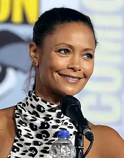 Photo of Newton speaking at the 2019 San Diego Comic-Con International in San Diego, California.