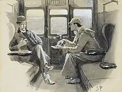 Holmes (in deerstalker hat) talking to Watson (in a bowler hat) in a railway compartment