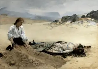 Painting of Des Grieux, looking defeated, kneeling in front of a badly-dug hole, next to Manon's corpse