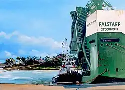 'The Falstaff with the tug Woona', oil on canvas, 36 x 45 cm, © Jane Bennett