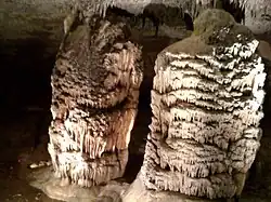 These two large stalagmites were named "The Hall of Giants" by the first explorers, a group of twelve women, who discovered them in 1867 at Fantastic Caverns.