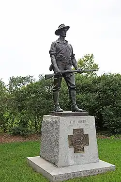 The 1906 bronze sculpture by Theodora Alice Ruggles-Kitson showing a typical infantry man was recast more than 50 times and often seen in town squares across the country. This one was dedicated on July 24, 1965.