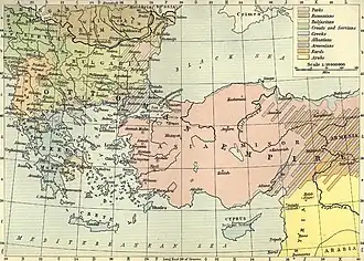 Map depicting the ethnic composition of Ottoman territories in 1911.