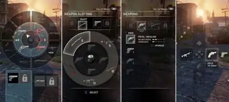 Four images side-by-side, displaying different version of a user interface design. All designs features guns available to players; the guns are displayed in a circle in the first two images, and in squares in the final two images (the squares are translucent in the third image, and transparent in the final image).
