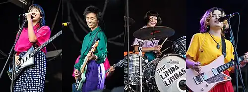 Multiple images of the Linda Lindas performing