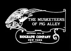 Stylized title card with The Musketeers of Pig Alley in serif