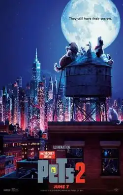 In front of a nightly view of New York City, various pets sit on top of a rooftop water tank with the dogs howling at the moon above.