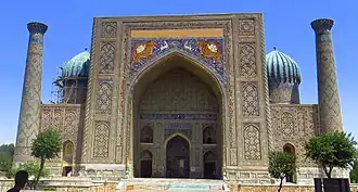 The Sher-Dor Madrasa, built between 1619 and 1636 by Governor of Samarkand Yalangtoʻsh Bakhodir, Khanate of Bukhara