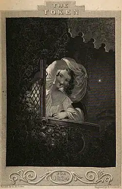 Black and white engraving of a white woman in a white dress on a balcony with the title and date of the book above and below