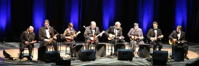 The Ukulele Orchestra of Great Britain performing in 2014, with co-founder Kitty Lux