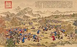 "The Victory of Khorgos". The partisans of Amursana were defeated in 1758 by Prince Cäbdan-jab. Painting by Jean Denis Attiret.[35]