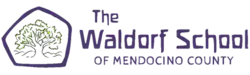 Wordmark graphic with 'The Waldorf School of Mendocino County' in purple block lettering at the right of a purple pentagon in outline with a green deciduous tree covered in leaves in its center