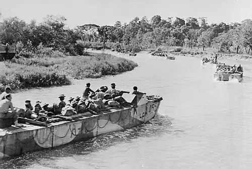 Indian landing craft advance along tributary of Kaladan
