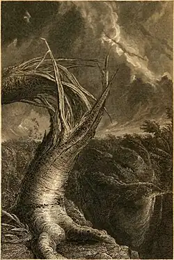 Black and white engraving of a tree breaking apart in a storm