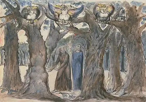 The Wood of the Self-Murderers: The Harpies and the Suicides. William Blake, 1824–1827