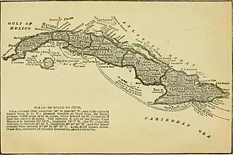 Beige paper with a hand drawn map of Cuba. The Atlantic Ocean is labelled to the north, the Gulf of Mexico to the west, and the Caribbean Sea to the south. Old Bahama Channel is labelled between above some small outlying islands off Cuba's northern coastline.