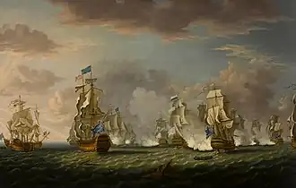 An oil painting showing several 18th-century warships fighting.