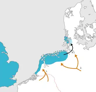 Position of North Sea Germanic dialects (Old English & Old Frisian) directly following the migration period.   Linguistic expansion of Old Frankish (1.) and Old Low German (2.).   10th/11th century migration of (Ems) Frisian speakers to the North German mainland (A.)