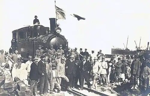 Arrival of the first Italian locomotive in the harbor of Tripoli, Italian Tripolitania, 1912