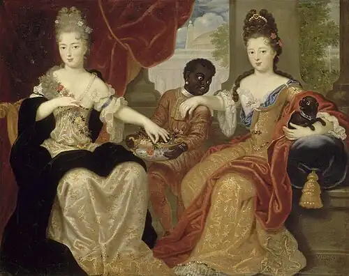 Madame de Montespan's two surviving daughters with an enslaved Black attendant: the blonde Mademoiselle de Blois, with her older brunette sister, the Mademoiselle de Nantes