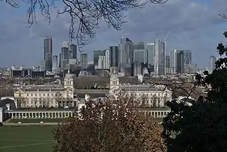 Canary Wharf in London viewed from the Royal Observatory, Greenwich