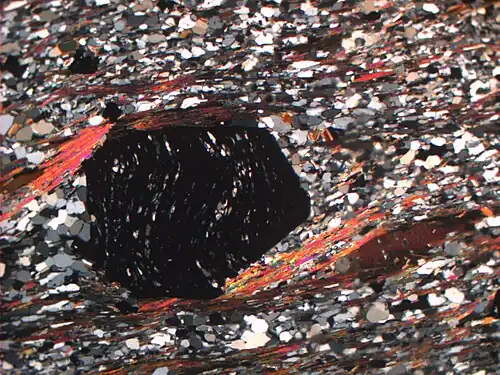Microscopic view of garnet-mica-schist in thin section under polarized light with a large garnet crystal (black) in a matrix of quartz and feldspar (white and gray grains) and parallel strands of mica (red, purple and brown).