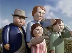 The Fat Controller, wife Lady Hatt, and their children Stephen and Bridgett Hatt; some of the prominent recurring human characters in the series.