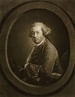 A black and white engraved portrait of Thomas Pownall.