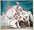 Depiction of a reverse gang bang by Thomas Rowlandson