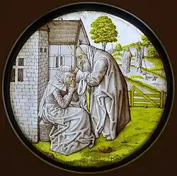 Tobit comforts Anna, stained glass roundel, southern Netherlands,  1500