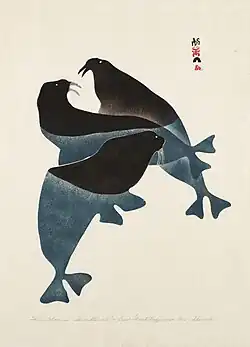Three Walrus (1960) by Sheouak Petaulassie & Iyola Kingwatsiak, stencil print