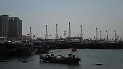 A set of seven skeletal steel towers on the shore