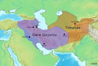 Maximum extent of Qara Qoyunlu territory ( ) in 1458 under Jahan Shah