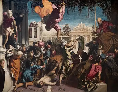 Miracle of the Slave by Tintoretto (c. 1548). The son of a master dyer, Tintoretto used Carmine Red Lake pigment, derived from the cochineal insect, to achieve dramatic color effects.