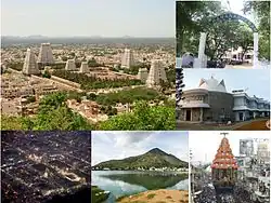 Clockwise from top left: view of Tiruvannamalai with Arulmigu Annamalaiyar Temple towers in the centre and hills in the background, Sri Ramana Ashram entrance, Yogi Ramsuratkumar Ashram, Great Chariot, view of Annamalai Hill from outskirts, Tiruvannamalai at night.