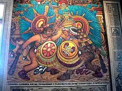 Flower Wars Tlaxcaltecan warriors fighting against warrior from Texcoco, Cuauhtepec and Ocelotepec.