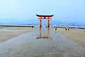 The torii gate as seen from the castle at low tide
