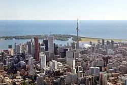 Skyline of downtown Toronto seen from helicopter