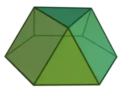 Triangular cupola: Another Johnson solid, this has one regular hexagon face, three square faces, and four equilateral triangle faces.[16]