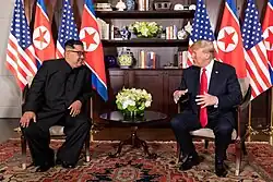 Chairman Kim with U.S. President Donald Trump at the start of the bilateral talks in the Singapore summit, June 12, 2018