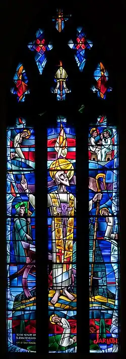 Stained glass window depicting Saint Jarlath (1961).