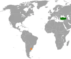 Map indicating locations of Uruguay and Turkey