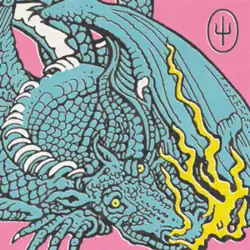 A light blue dragon with yellow eyes and flames against a pink background, containing a psi symbol.