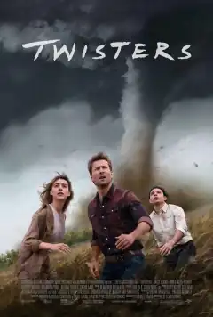 Three storm chasers stand in the middle of a field, with a tornado looming in the background.