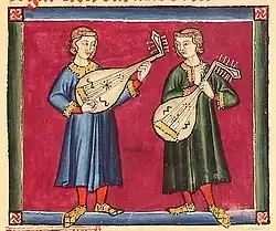 Al Andalus, Cantigas de Santa Maria, Europeans holding lutes with W sound holes (a Muslim instrument feature) and the drilled dots (found on the Gambus and on Eastern European lutes into the early 20th century AD.